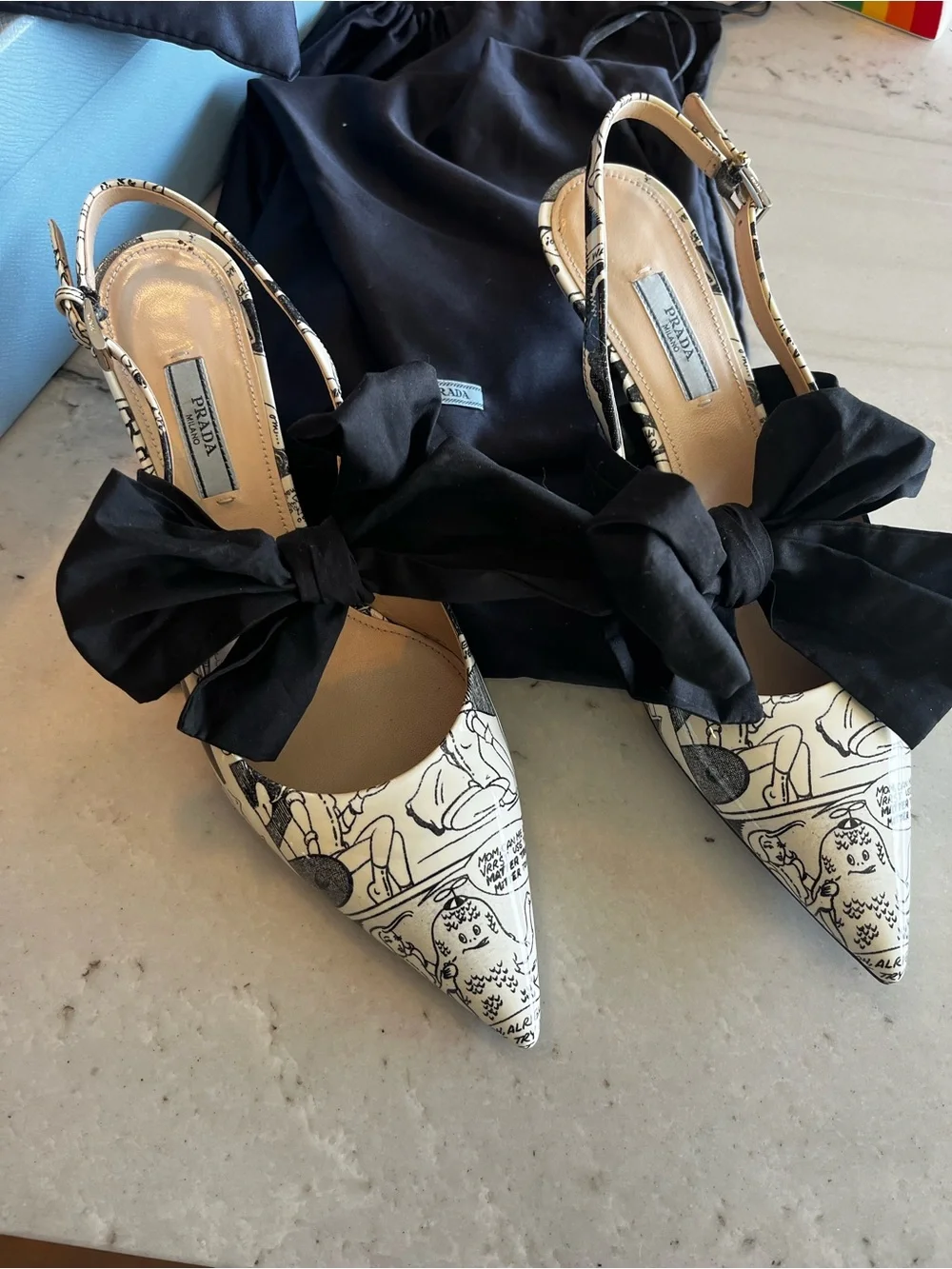 Prada Cream & Black Comic Strip Printed Bow Slingback Pumps. Very Special.
